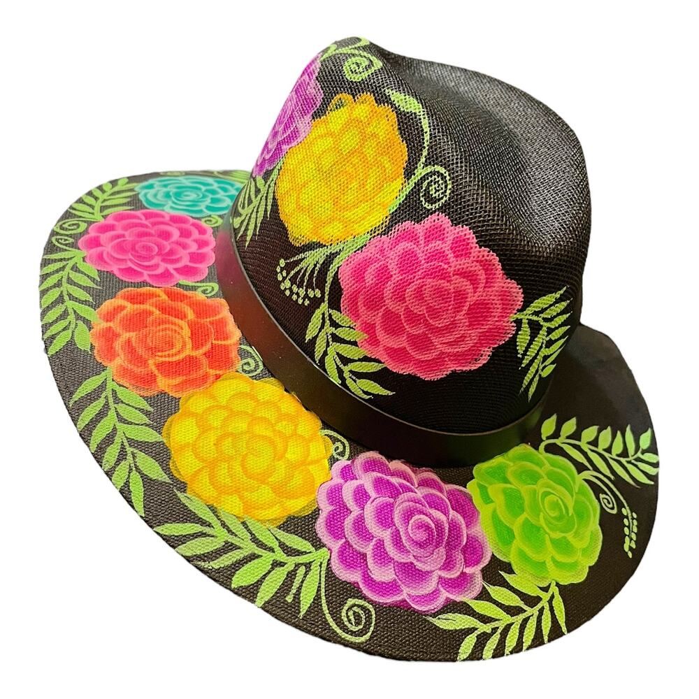 HAT MEXICAN Artisanal Hand Painted Fedora Floral Sombrero Panama Bohemian Black - Picture 7 of 9